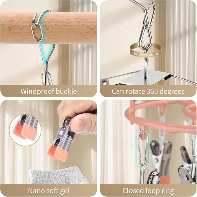 PHYDELU Drying Rack Clothing with 24 Clips，Sock Hanger for Drying，Hanging Clothes Dryer Underwear Hangers Racks Laundry Herb Socks Panty Wet Bra Lingerie Baby Delicates Foldable Small Indoor Metal