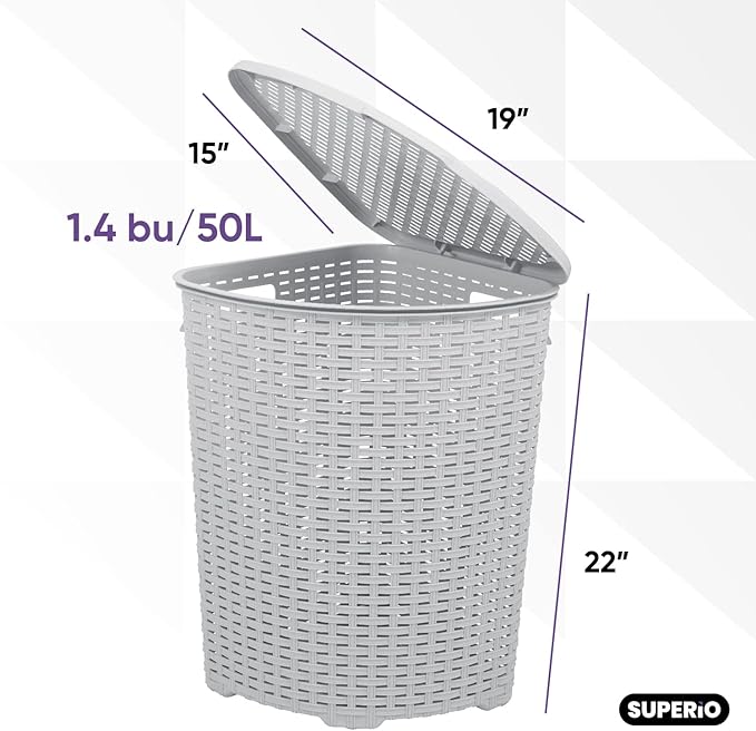 Plastic Corner Laundry Hamper with Lid, Curved Designed Laundry Basket, 2 Pack White Smoke Cloths Hamper Organizer with Cut-out Handles for Laundry Room Bedroom Bathroom, Wicker Design, 50 Liter