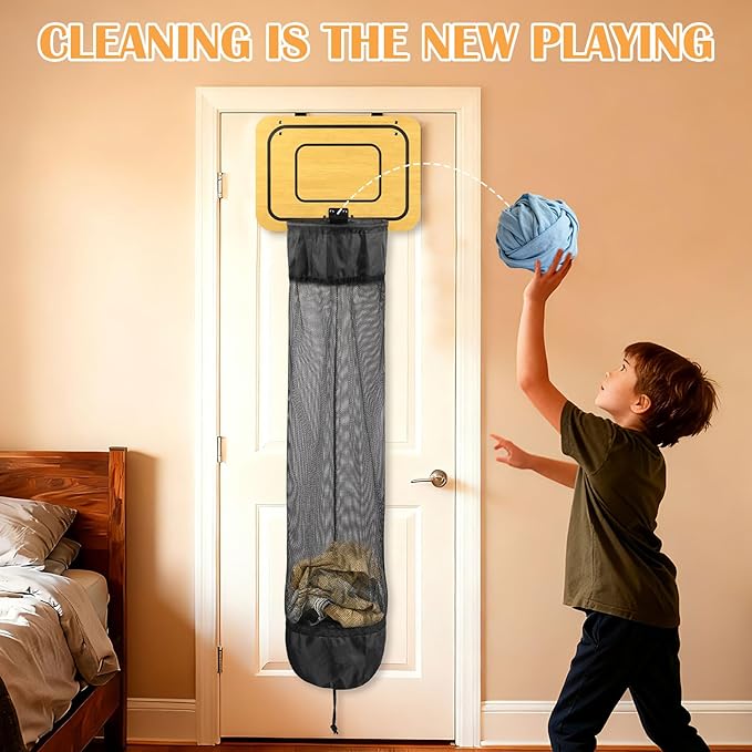 Wooden Basketball Laundry Hamper, Over the Door Basketball Hoop Laundry Basket with Drawstring for Kids Room, Dorm Rooms,Bathroom, Saving Space Storage and Organization, Room Decor