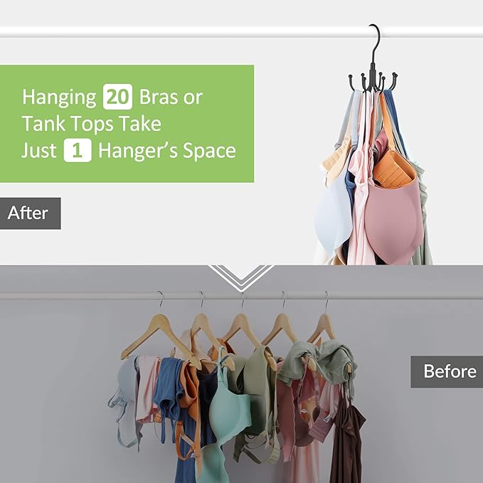 Tank Top Hanger, Rotatable Bra Hanger for Closet, Max 24 Capacity Metal Tank Top Holder Storage Space Saving Sport Bra Organizer, Black