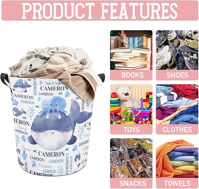 Whales Laundry Basket,Personalized Laundry Hamper for Boys Girls,Custom Laundry Basket With Name, Customized Dirty Clothes Hamper for Bathroom Bedrooms,M-19.5"X 15.7"