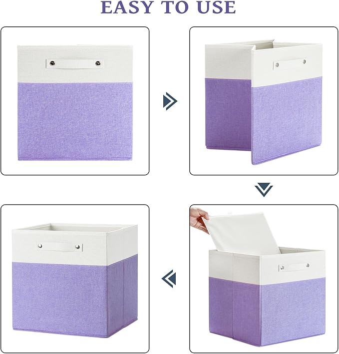 13 x 13 Inch Fine Linen Storage Bins with Handles，Fabric Cube Boxs，Basket Organizers for Shelves for Home, Closet Drawers (White/Purple-6 Pack)