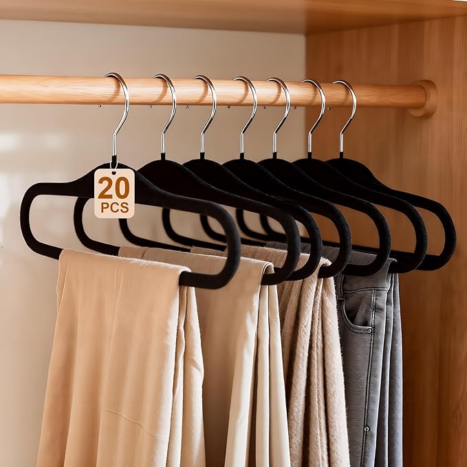 Velvet Hangers Non Slip,20 Pack Pants Hangers for Closet,Heavy Duty Durable Space Saving Clothes Hanger with 360 Degree Hook for Pants Shirts Jeans Bra Dress(Black)