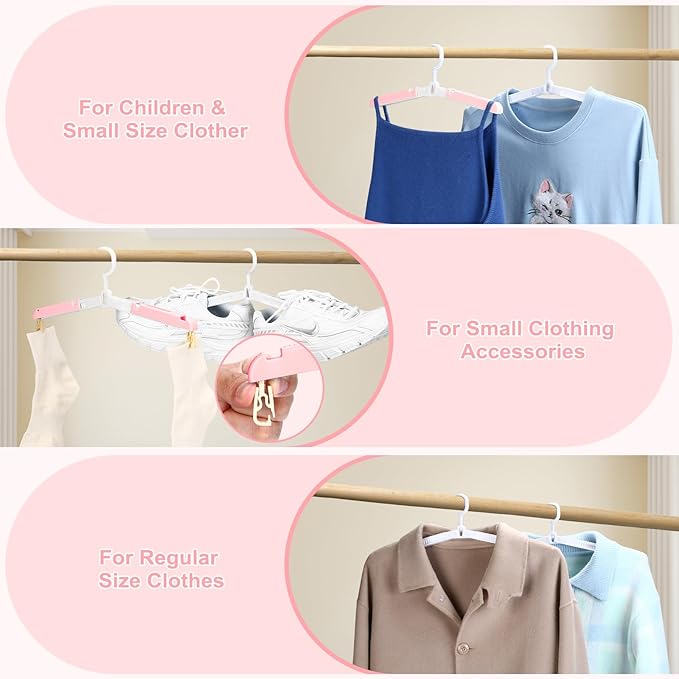 6 Pack Fodable Travel Hangers with Clips & Adjustable Clothesline, Portable Collapsible Hangers with Storage Bag for Suitcase, Hotel, RV, Cruise Essentials Set (Pink)