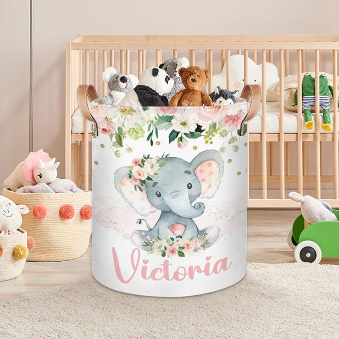 Personalized Laundry Basket, Custom Gift Laundry Hamper, Collapsible Nursery Waterproof Laundry Baskets, Dirty Clothes Toy Hamper with Handles Blush Floral Elephant Girl