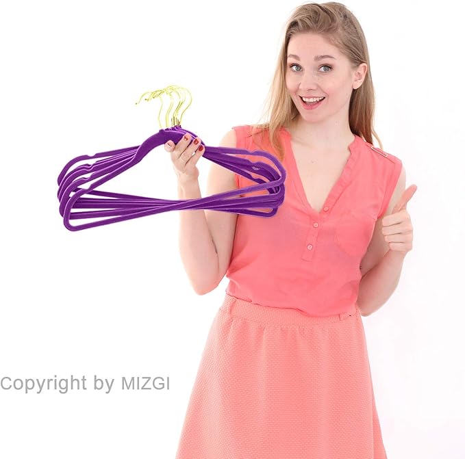 MIZGI Premium Velvet Hangers Pack 50 Pcs Heavyduty - Non Slip Slimline - Velvet Suit Hangers Dark Purple - Gold Hooks,Space Saving Clothes Hanger