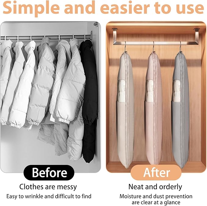Space Saving Hanging Garment Bag with Self Compression Zipper, Otherwisie Garment Bags, Space Saver Dust Cover Clothes Bags for Down Coat Protects Clothes from Wrinkles (Pink)