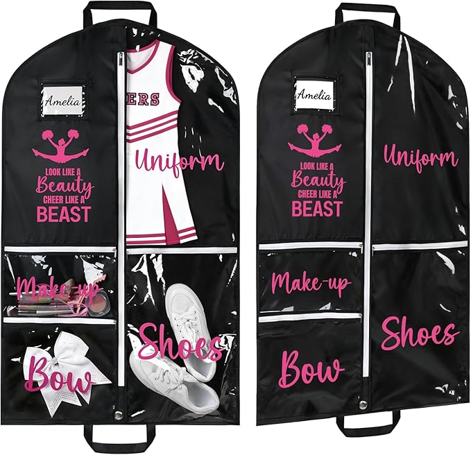 DEEKA Cheer Garment Bag for Hanging Clothes with Zipper Pockets Cheer Accessories Mom Essentials Uniform Costume 40 Inch Black Bags Stuff for Cheerleading Girls (Black,Hot Pink-Cheer Quote)