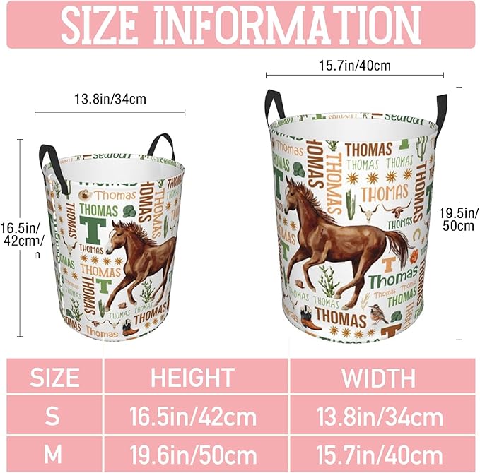 Horse Laundry Basket,Custom Laundry Hamper with Name,Personalized Horse Gifts for Boys Girls,Customize Collapsible Laundry Basket for Bedroom Bathroom,M-19.5"X 15.7"