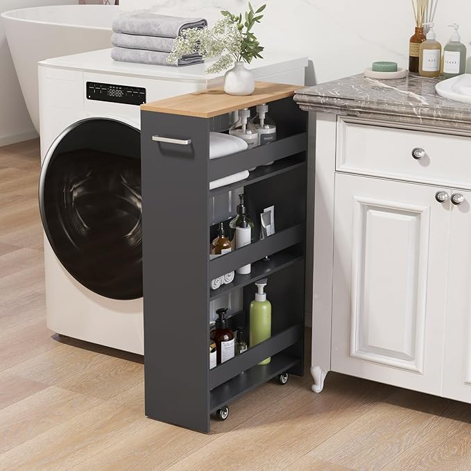 LOKO 4-Tier Rolling Storage Cart, 8 Inches Slim Kitchen Cart on Wheels with Open Shelves & Handle, Laundry Room Cart Between Washer and Dryer, for Narrow Space Bathroom Next to Fridge (Grey & Natural)