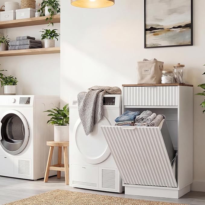 Tilt-Out Trash Cabinet, White Laundry Hamper Cabinet with Black Top, 34.3 x 19 x 13.8 inches, 10 Gallon Capacity, Wave-Textured Front, Storage Drawer.