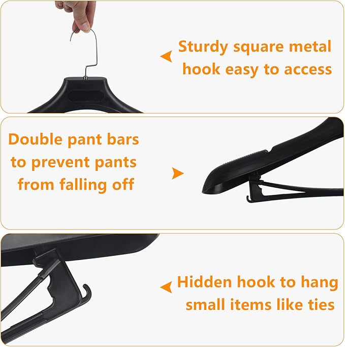 Plastic Extra Wide Suit Hangers, Pack of 15, Width: 17.7",Notched Shoulders & Metal Hooks, Black