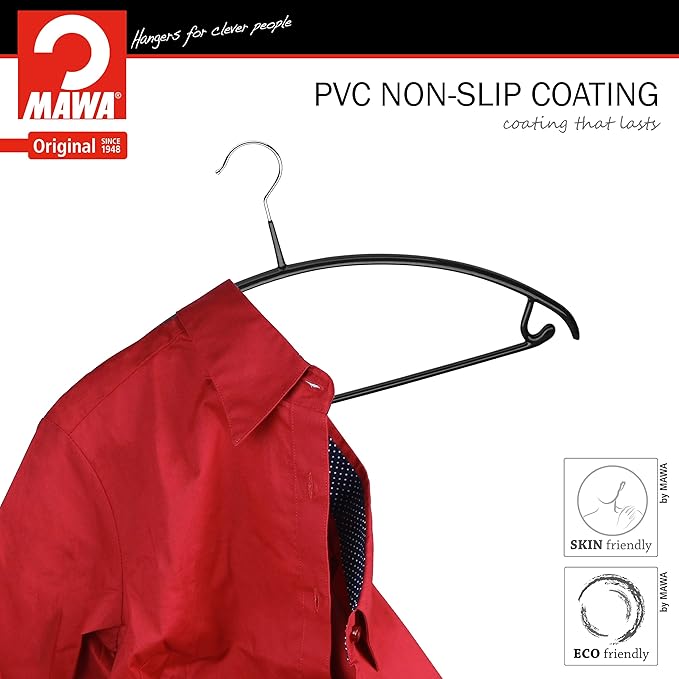 MAWA Reston Lloyd Euro Series Non-Slip Space-Saving Clothes Hanger with Bar and Hooks for Pants and Skirts, Style 42/U, Set of 2, Black