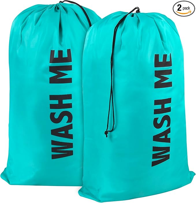 Washable Drawstring Laundry Bags 2 Pack Extra Large Heavy Duty College Dorm Dirty Laundry Clothes Travel Bag and Gym Clothes Bag for Guys and Girls (Turquoise "Wash Me")
