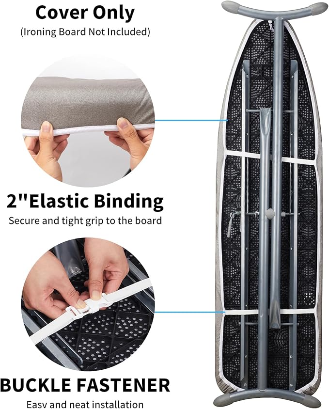 BNDX Ironing Board Cover 18x49 - Silicone Coating Scorch Resistant Padding,Extra Thick Heavy Duty Padded 4 Layers, Bongee Cord Edge,2 Click Buckles for Smooth Iron, Cinder