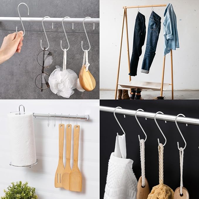 3.54 Inch 30 Pack S Hooks - Stainless Steel Heavy Duty with Rubber Stopper, Small S Hooks for Hanging Plants, Baskets, Clothes, Pan, Cups, Towels (Silver)
