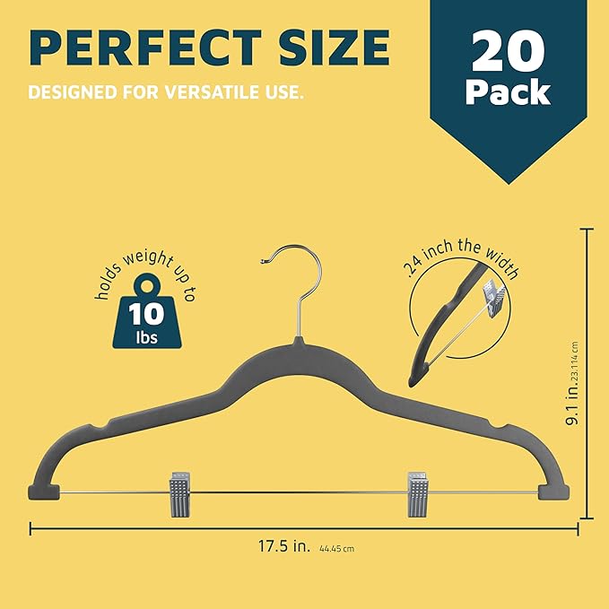 Lifemaster Velvet Skirt Hangers – with Adjustable Clips, 360 Degree Swivel Hook, and Non-Slip Shoulder Notch, Holds Up to 10 lbs, for Organizing Skirt, Pants, Dress, and Clothes, Pack of 20, Gray