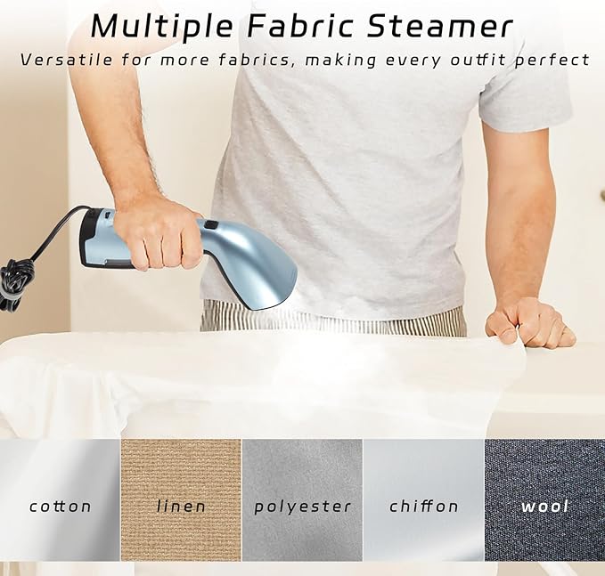 Travel Garment Steamer，25s Fast Heat，Handheld Portable with Metal Steam Head, Removes Wrinkles from Clothes，Fabrics，and Garments，Metallic Blue