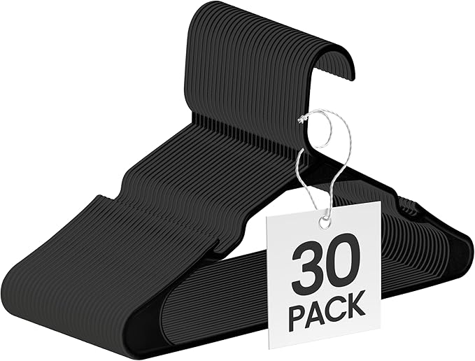 YSSOA 30 Pack Plastic Hangers, Space Saving Slim Clothes Hangers with Non-Slip Shoulder Notches, for Coats, Sweater, Shirts, Pants, Black