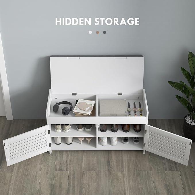 HOMCOM Entryway Bench with Shoe Storage, Cushion, Hidden Compartments, Adjustable Shelves and Shutter Doors, 35.4" Organizer for Entryway, Hallway, Holds Up to 352 lbs., White