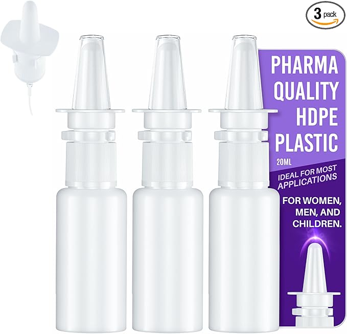 Jully 3-Pack 20ML Unique Mist Nasal Sprayer - Empty Refillable Pump Sprayer for Nose, Medical, Home Remedy, Saline. Improved Modern Design, Sturdy HDPE Plastic, Easy to Use Dosage Mechanism