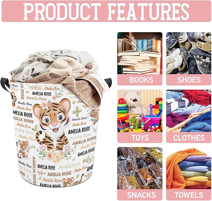 Tiger Laundry Basket,Personalized Laundry Hamper for Boys Girls,Custom Laundry Basket With Name, Customized Dirty Clothes Hamper for Bathroom Bedrooms,S-16.5"X 13.8"