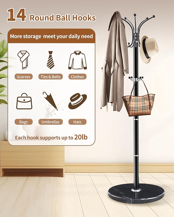 Metal Coat Rack with Natural Marble Base,360°Rotary Coat Rack Stand with 14 Hooks,Modern Freestanging Coat Racks, Black Coat Jacket Hanger Clothes Tree Stand for Entryway,Corner
