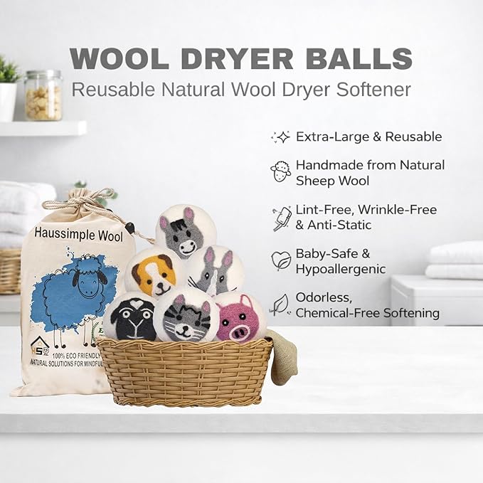 Wool Dryer Balls 6-Pack 100% Natural New Zealand Wool, Handmade in Nepal Reusable Laundry Balls, Faster Drying, Softer Clothes, Anti-Static, Dryer Sheets Alternative (Farm)