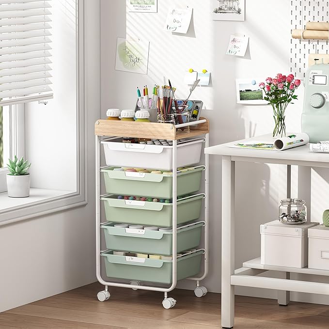 APEXCHASER Plastic Drawer Organizers with 5 Deep Drawers, Rolling Utility Cart with Wooden Top,Craft Storage Cart for Paperwork,Crafts,Snack,Kids’ Room,Nursery,Green