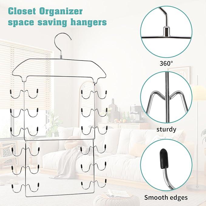 Space Saving Bra Hamgers, Closet Organizers and Storage for Camisoles Tank Tops Bras Ties Swimsuits Strappy Dress, Silver (2 Pack)