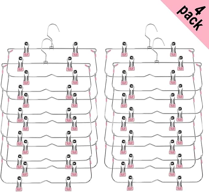 Skirt Pants Hangers with Clips，6Tier Skirt Hangers Space Saving,Metal,Non Slip Closet Organizer and Storage Multi Clothes Shorts Hanger Organization(4, Pink)