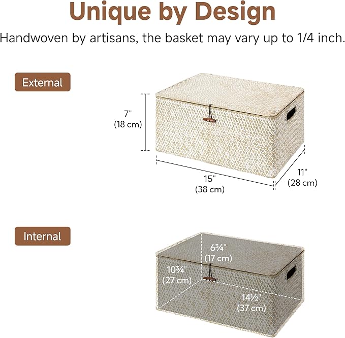 StorageWorks Wicker Baskets with Lid, Seagrass Storage Baskets for Shelves, Decorative Box with Built-in Handles,White