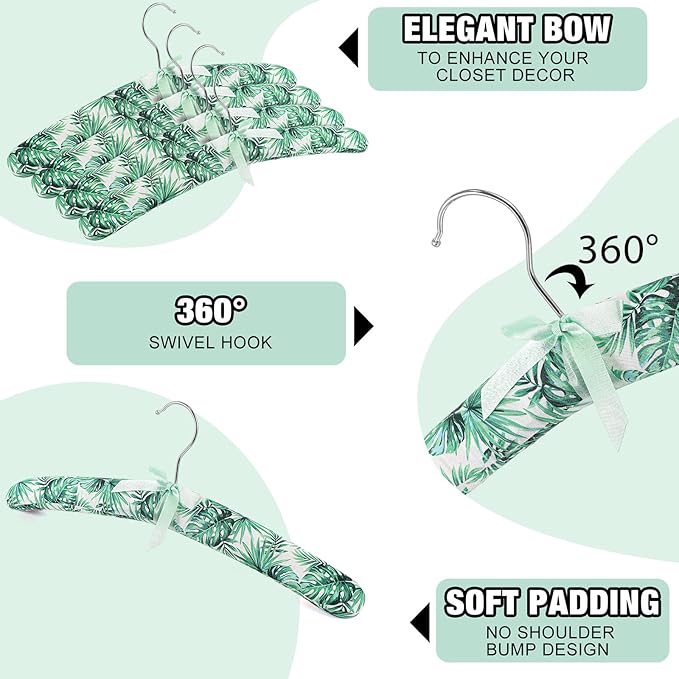 Jetec 24 Pieces Satin Padded Hangers with 360° Swiveling Hook Sponge Shoulder Pads Hanger for Coat, Sweaters, Blouse, Wedding Dress, Women Cloths(Eucalyptus Style)