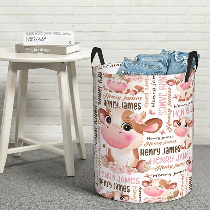 Cow Laundry Basket,Personalized Laundry Hamper for Boys Girls,Custom Laundry Basket With Name, Customized Dirty Clothes Hamper for Bathroom Bedrooms,S-16.5"X 13.8"