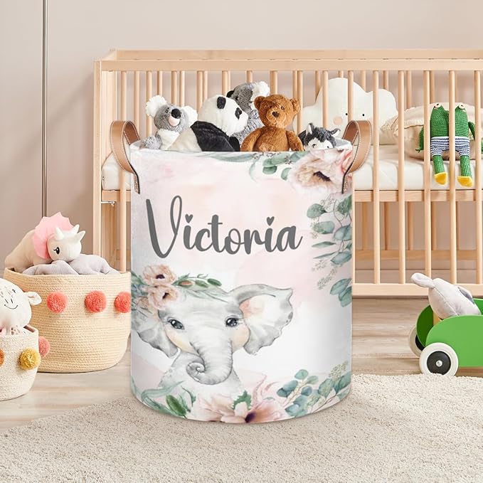Personalized Laundry Basket, Custom Gift Laundry Hamper, Collapsible Nursery Waterproof Laundry Baskets, Dirty Clothes Toy Hamper with Handles Blush Floral Elephant