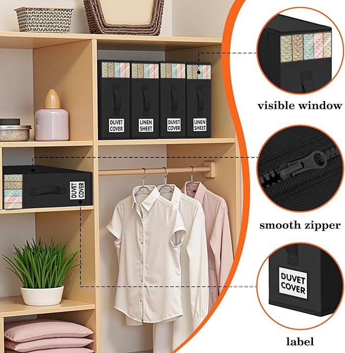 WOWBOX Sheet Organizers and Storage,Closet Bed Sheet Organizer Under Bed Storage and Organization with Label Cards & Clear Window for Bedding Sheets,Duvet Covers,Blankets (3 Pack，Black)