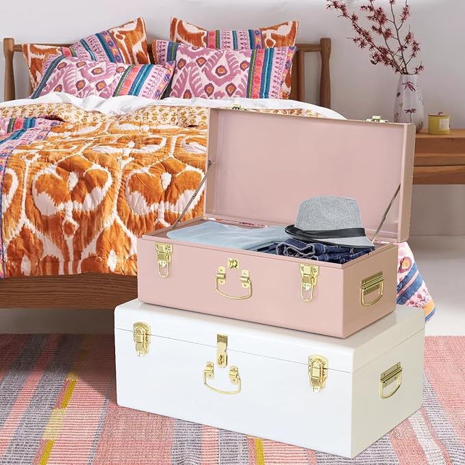 Vixdonos Metal Trunk Decorative Storage Box Set of 2 College Dorm Chest with Handle (Pink and White)