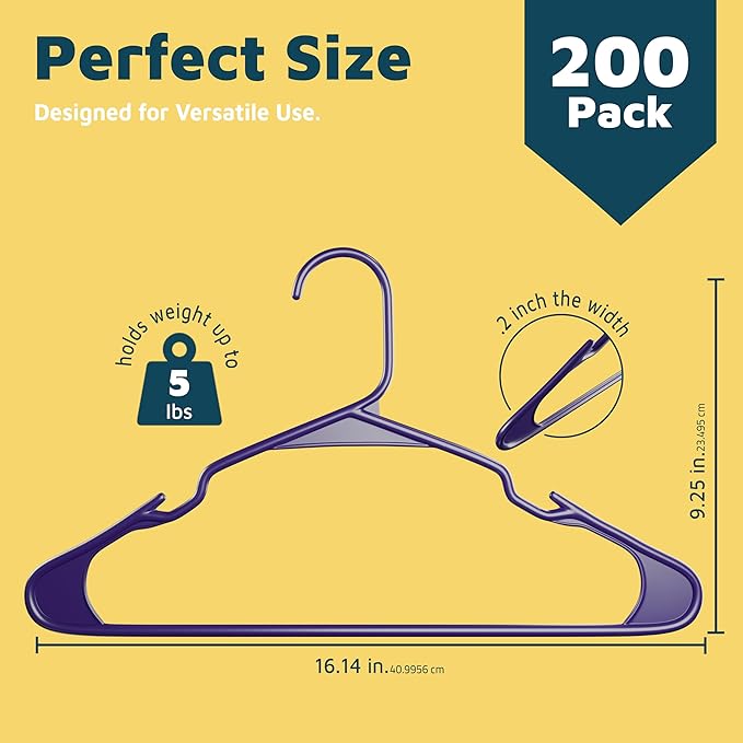 Plastic Clothes Hangers – Heavy Duty Hanger Set, for Organizing Clothes, Dresses, and Coats, Holds Up to 5 lbs, Space-Saving Hangers with Non-Slip Shoulder Grooves, Pack of 200, Purple