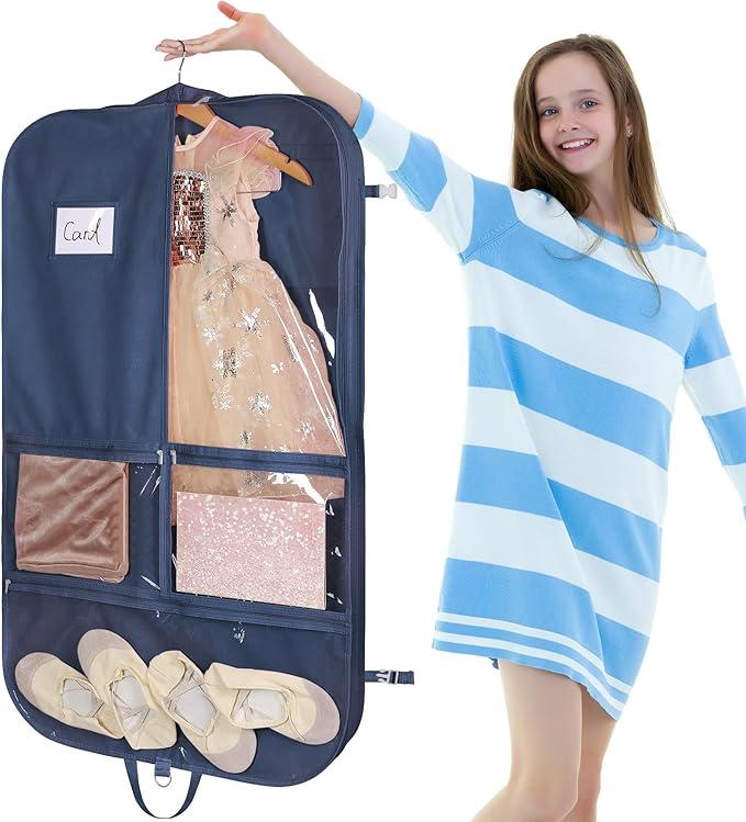Univivi 40 Inch Kids Garment Bags for Dance Costumes, 3 Medium Clear Zipper Pockets and 2 Back Zippered Pockets for Hanging Clothes, Travel Storage - Navy Blue
