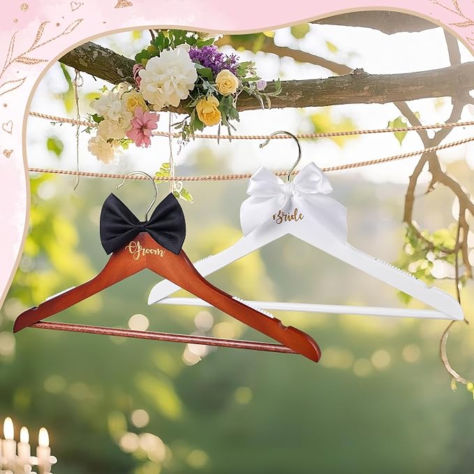 2 Pack Bride and Groom Wedding Hanger Set, Bridal Wedding Dress Hanger with Bow Tie for Wedding Gift Bridal Party & Shower