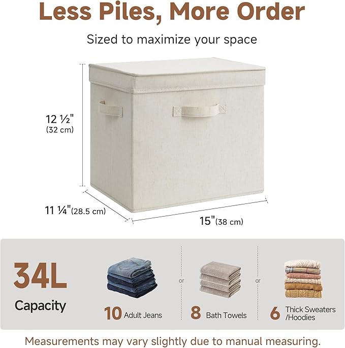 StorageWorks Fabric Storage Bins with Lids, Stackable Closet Storage Boxes with Handles, Decorative Storage Organizers, 15" x11¼x12½, Beige, 2-Pack