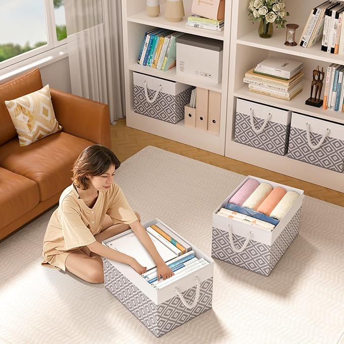 Storage Bins, 6-Pack Large Storage Box with Rope Handles, Collapsible Storage Basket for Organizing Books,Clothes,Rhombic Grey