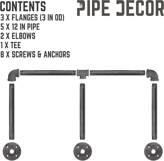 PIPE DECOR Industrial Pipe Wall Mounted Clothing Rack, Commercial or Residential Wardrobe Clothes Display, Heavy Duty Rustic Vintage Steel Grey Black Metal Garment Bracket Frame, Tri Flange Style