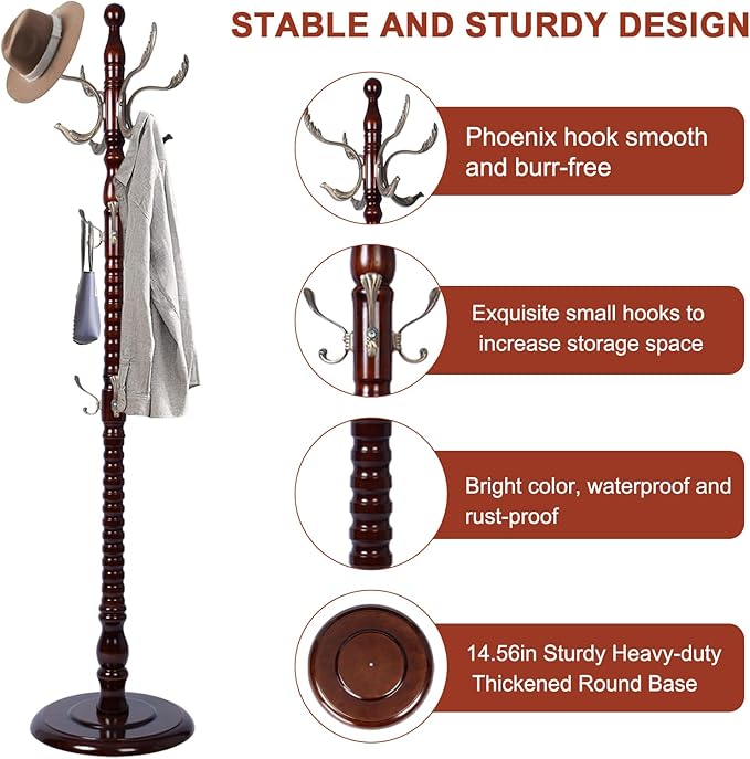 Wooden Coat rack freestanding, Coat racks stand with 14 Hook, Heavy duty coat tree standing 3 Adjustable Heights for Bedroom, Entryway, Hallway, Office,Stury Base (Metal Phoenix Hook)