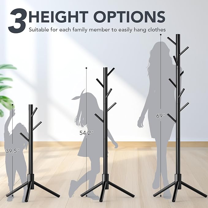 Wooden Coat Rack Freestanding with 8 Hooks,Easy Assembly New Zealand Pine Tree Coat Racks, 3 Adjustable Sizes for Clothes, Hats, Bags, for Entryway, Hallway, Bedroom, Office (Black, 1 PC)