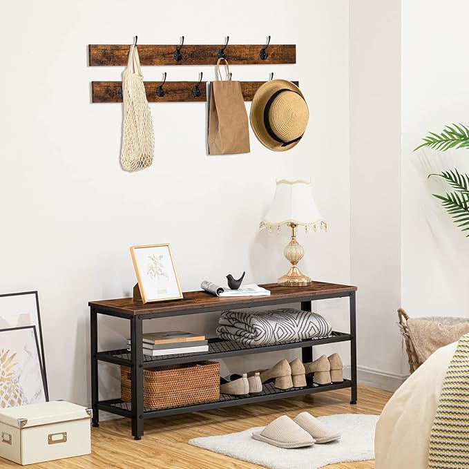 HOOBRO Hall Tree Entryway Storage Bench, Coat Rack Shoe Bench, Shoe Rack Organizer with Coat Hooks, 3-in-1 Design, Wooden Furniture with Metal Frame, Rustic Brown and Black BF171MT01
