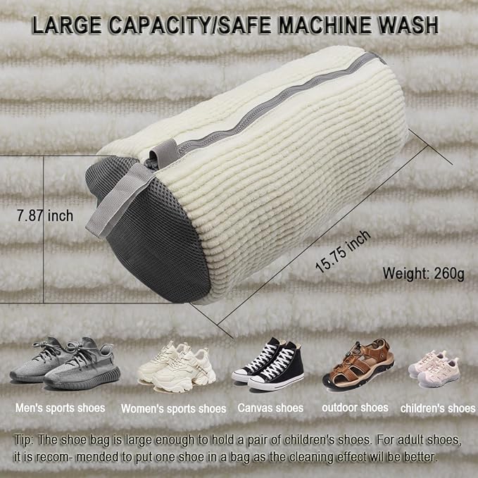 Shoe Washing Machine Bag,Mesh Shoe Washing Bag for Washing Machine - Large Size Fits various Shoes, Chenille Fabric Protection, Zipper Laundry Bag for Sneakers (2 Pcs) (Off White)