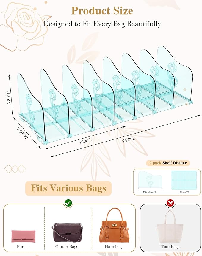 Rose Purse Dividers for Closet, 2 Pack Clear Clutch Purse Closet Organizers, Adjustable Handbag Storage Organizers, Plastic Bookshelf Separator Dividers for Bedroom Office