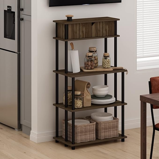 Furinno Turn-N-Tube Kitchen Storage Shelf with Top Cabinet for Kitchen, Dining Room and Home Office, Columbia Walnut/Black