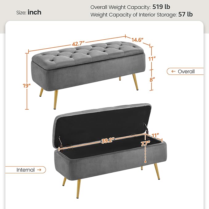 Yaheetech Ottoman with Storage 2pcs, Velvet Entryway Bench with Safety Hinge, Upholstered Bench with Seating for Bedroom, Living Room, Holds up to 519 lb, Gray